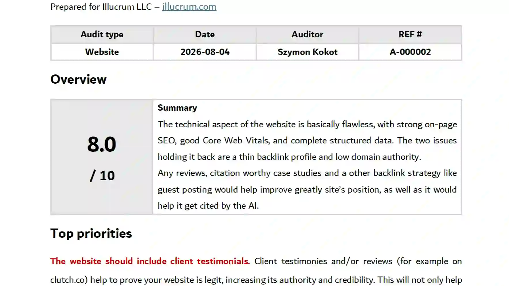 Example audit screenshot